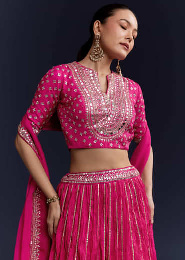 Pink Gota Lace Chinon Silk Bridesmaid Lehenga Set