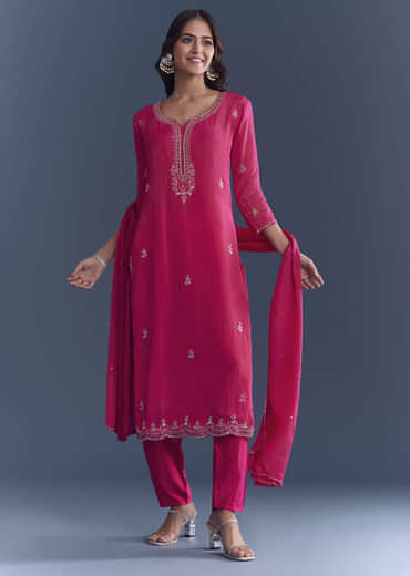 Pink Hosiery Kurta Set With Cutdana And Mirror Work