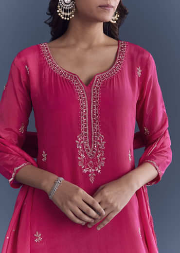Pink Hosiery Kurta Set With Cutdana And Mirror Work
