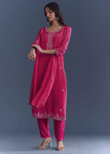 Pink Hosiery Kurta Set With Cutdana And Mirror Work
