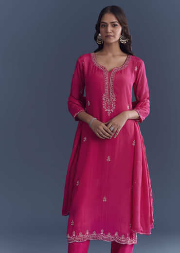 Pink Hosiery Kurta Set With Cutdana And Mirror Work