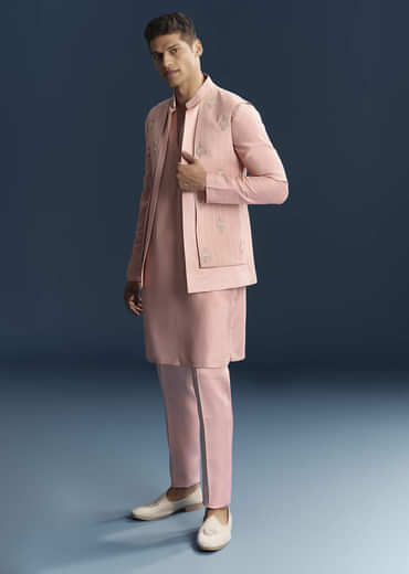 Pink Imported Linen Kurta Jacket Set For Men With Aari Work
