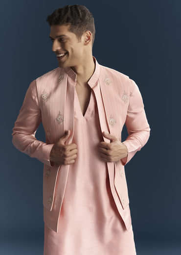 Pink Imported Linen Kurta Jacket Set For Men With Aari Work