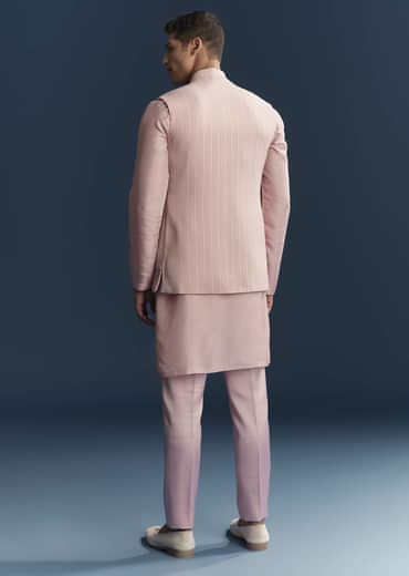 Pink Imported Linen Kurta Jacket Set For Men With Aari Work