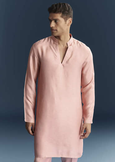 Pink Imported Linen Kurta Jacket Set For Men With Aari Work
