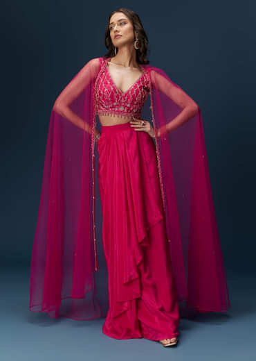 Pink Indo Western Skirt Set With Embroidered Blouse And Dupatta