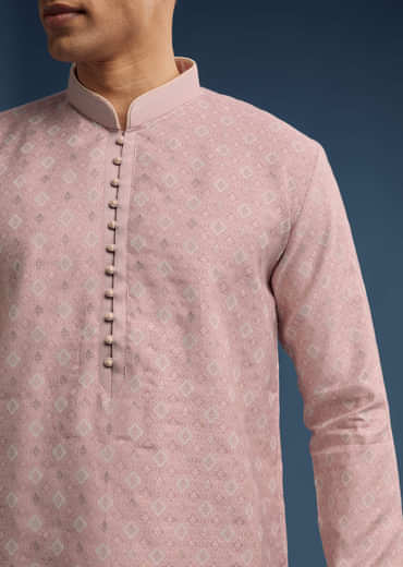 Pink Jacquard Kurta Set For Men