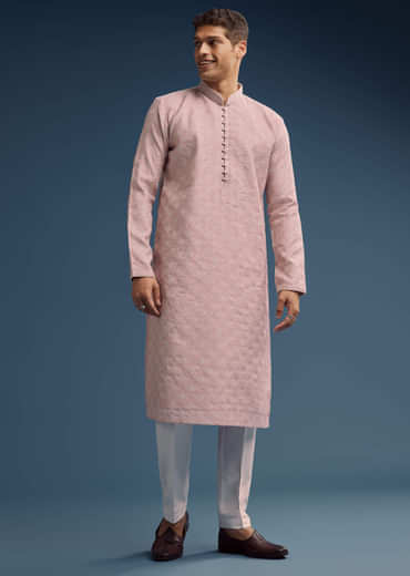 Pink Jacquard Kurta Set For Men