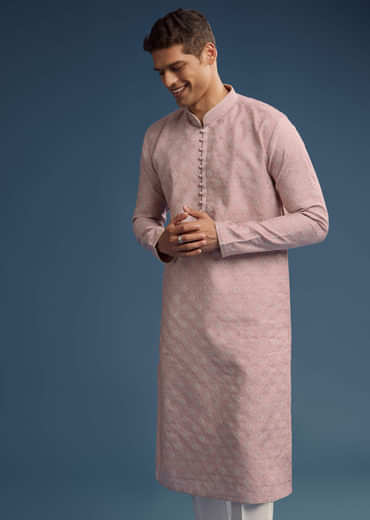 Pink Jacquard Kurta Set For Men