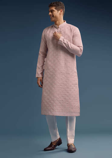 Pink Jacquard Kurta Set For Men