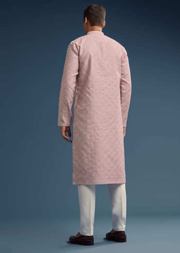 Pink Jacquard Kurta Set For Men