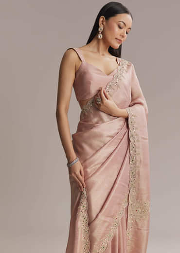 Pink Jacquard Saree With Zardosi And Stone Embroidery