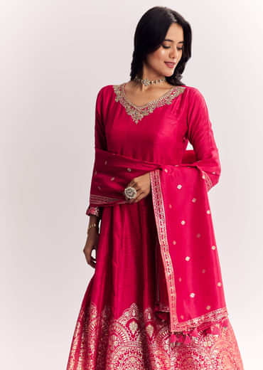 Pink Jacquard Silk Anarkali Suit With Dupatta