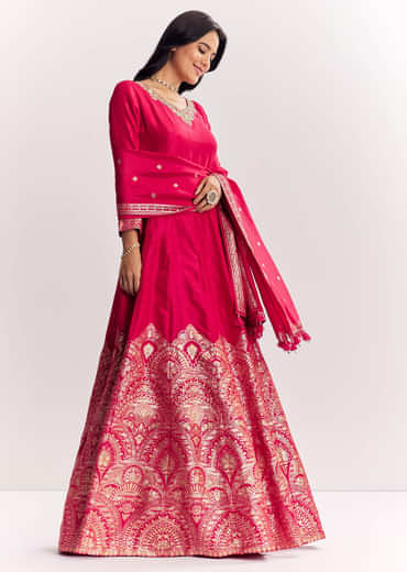 Pink Jacquard Silk Anarkali Suit With Dupatta