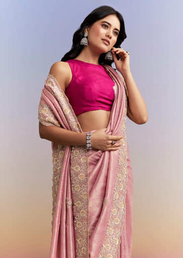 Pink Jacquard Tissue Saree With Heavy Hand Embroidery