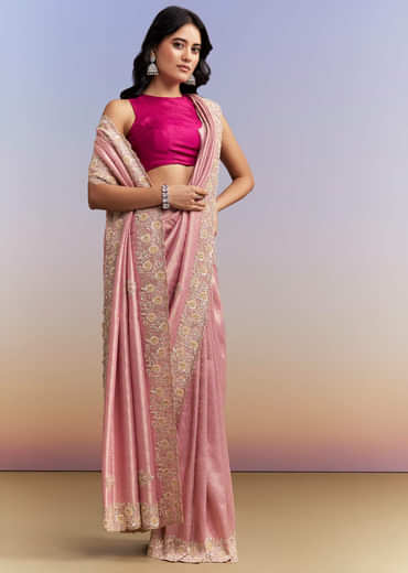 Pink Jacquard Tissue Saree With Heavy Hand Embroidery