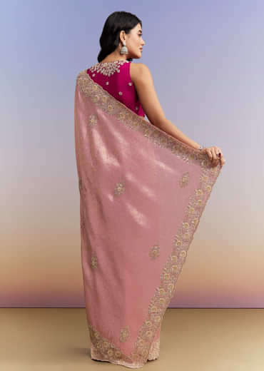 Pink Jacquard Tissue Saree With Heavy Hand Embroidery