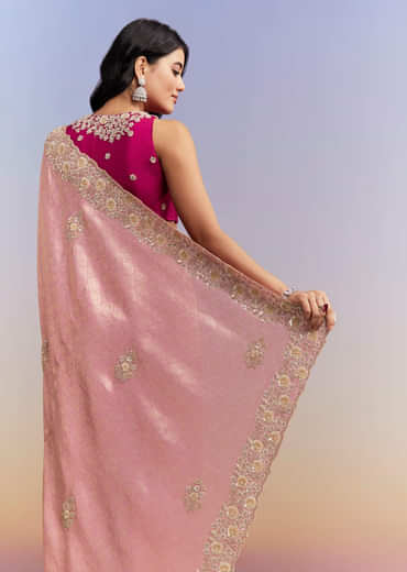 Pink Jacquard Tissue Saree With Heavy Hand Embroidery