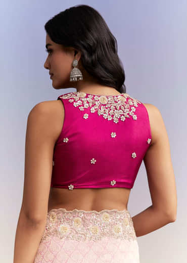Pink Jacquard Tissue Saree With Heavy Hand Embroidery