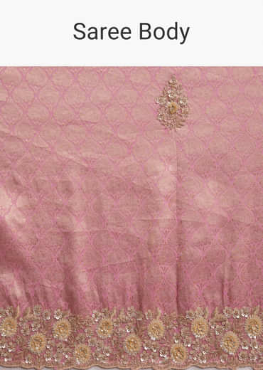 Pink Jacquard Tissue Saree With Heavy Hand Embroidery