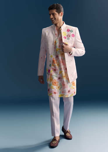 Pink Jodhpuri Suit For Men With Floral Print And Embroidery