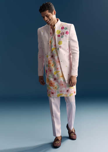 Pink Jodhpuri Suit For Men With Floral Print And Embroidery