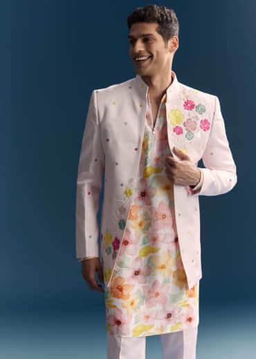 Pink Jodhpuri Suit For Men With Floral Print And Embroidery