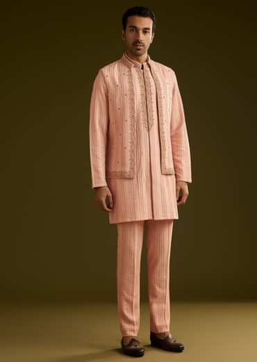 Pink Knit Kurta Jacket Set With Moti Work