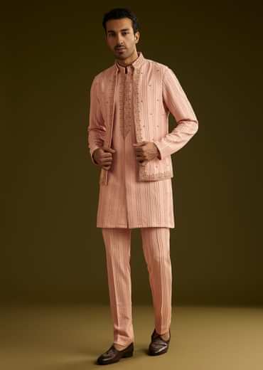 Pink Knit Kurta Jacket Set With Moti Work