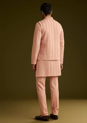 Pink Knit Kurta Jacket Set With Moti Work