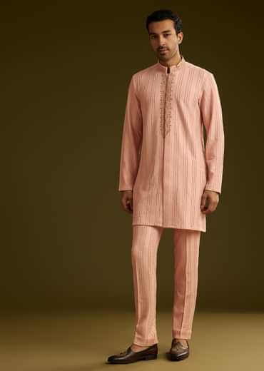 Pink Knit Kurta Jacket Set With Moti Work