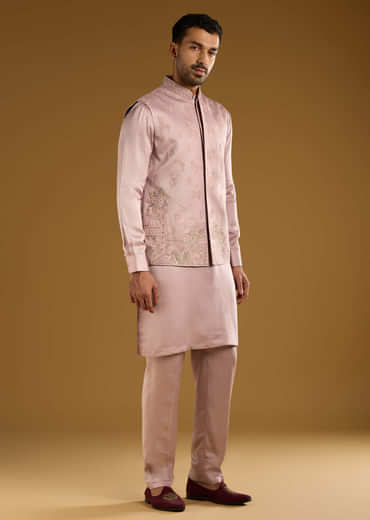 Pink Kurta Jacket Set For Men With Thread Work