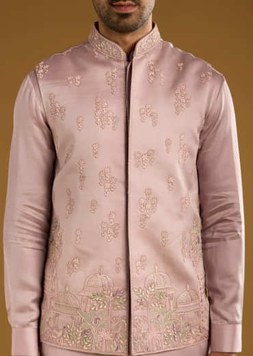 Pink Kurta Jacket Set For Men With Thread Work