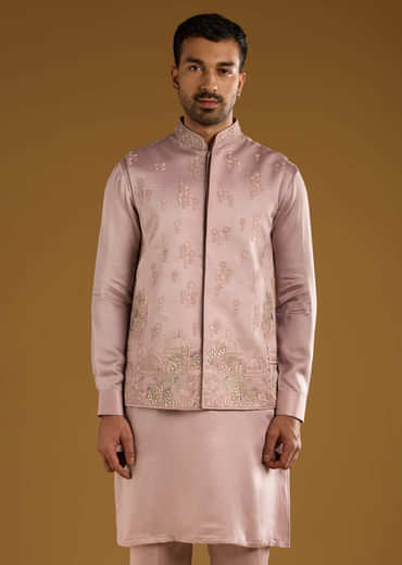 Pink Kurta Jacket Set For Men With Thread Work