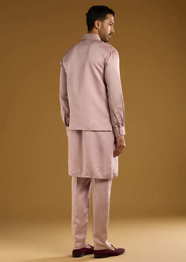 Pink Kurta Jacket Set For Men With Thread Work