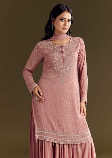 Pink Kurta Set With Embroidered Palazzo And Sequins Dupatta