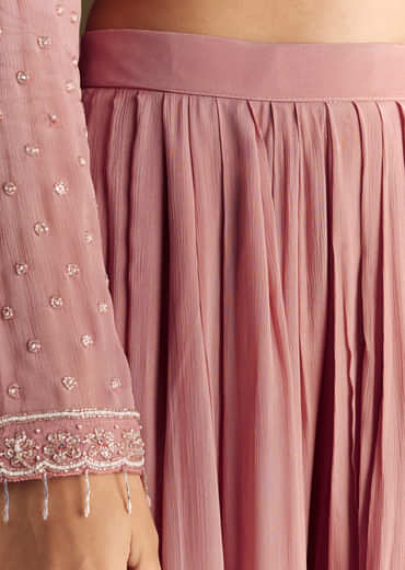 Pink Kurta Set With Embroidered Palazzo And Sequins Dupatta