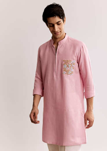 Pink Linen Kurta Set With Embroidery