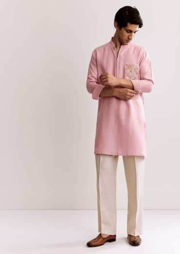 Pink Linen Kurta Set With Embroidery