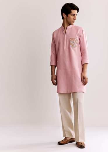 Pink Linen Kurta Set With Embroidery
