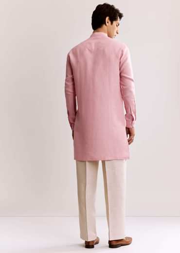 Pink Linen Kurta Set With Embroidery