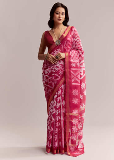 Pink Linen Printed Saree With Authentic Shibori Print