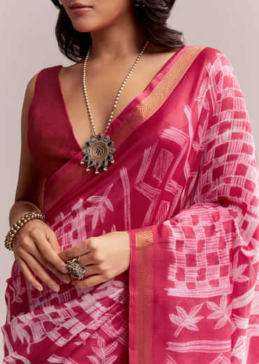 Pink Linen Printed Saree With Authentic Shibori Print
