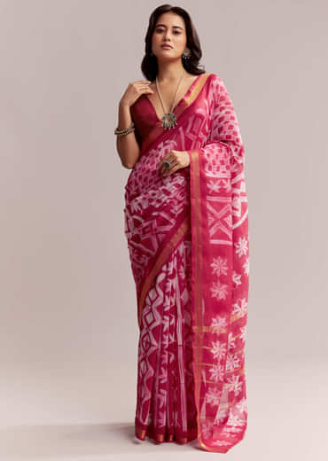 Pink Linen Printed Saree With Authentic Shibori Print