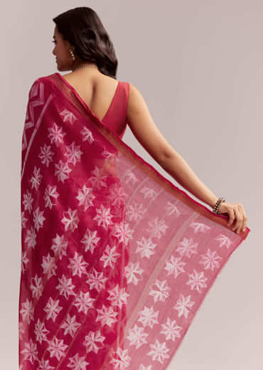 Pink Linen Printed Saree With Authentic Shibori Print