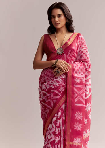 Pink Linen Printed Saree With Authentic Shibori Print