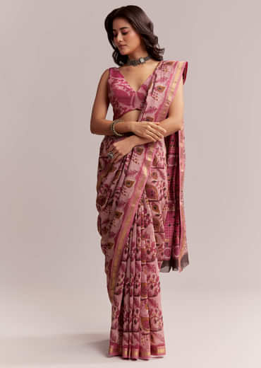 Pink Linen Printed Saree With Traditional Ajrakh Hand Block Print