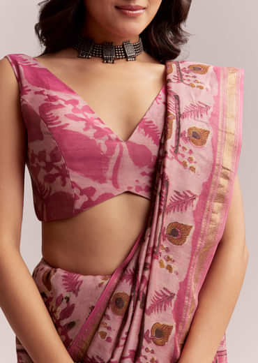 Pink Linen Printed Saree With Traditional Ajrakh Hand Block Print