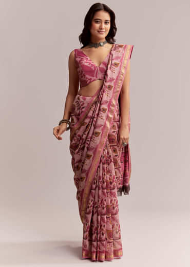 Pink Linen Printed Saree With Traditional Ajrakh Hand Block Print