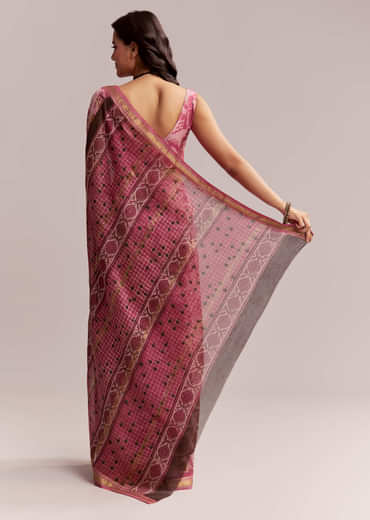 Pink Linen Printed Saree With Traditional Ajrakh Hand Block Print